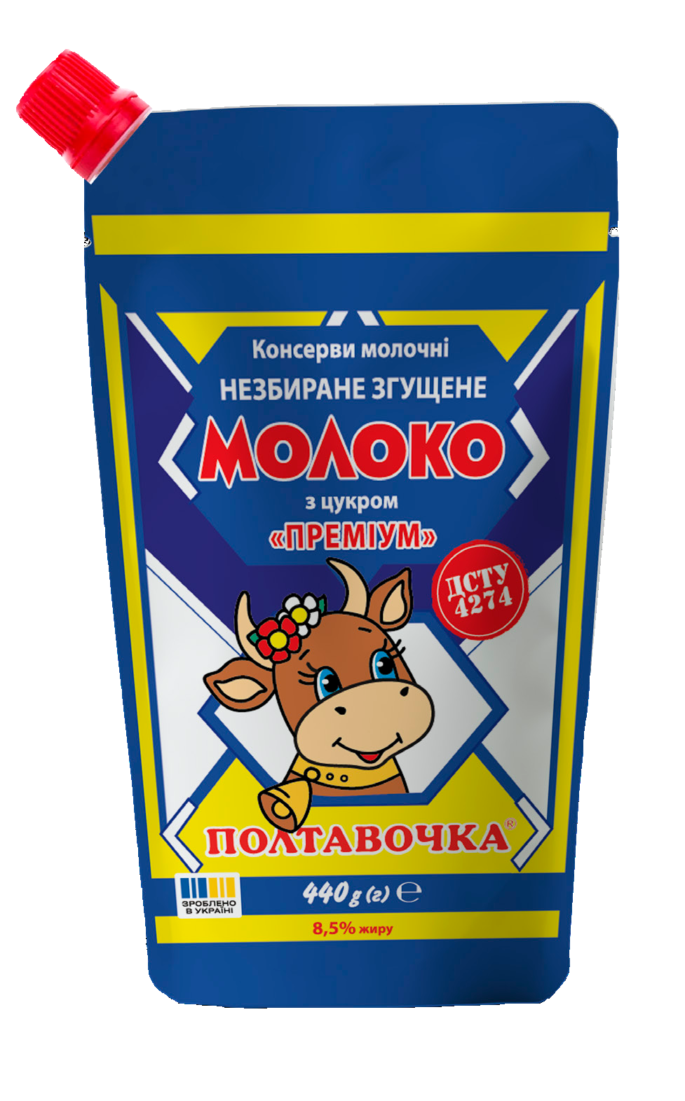 Молоко незбиране згущене з цукром Преміум 8,5% дой-пак 440 г  ТМ Полтавочка