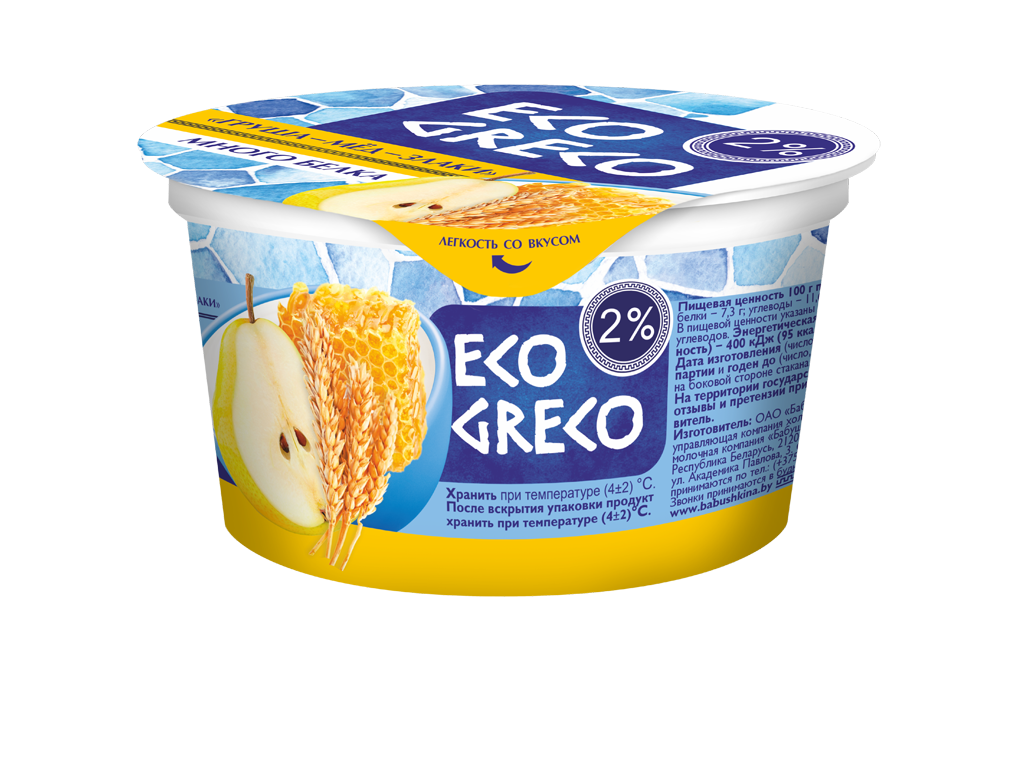 Йогурт Греческий Груша-Мед-Злаки 2% 130г ТМ Eco Greco